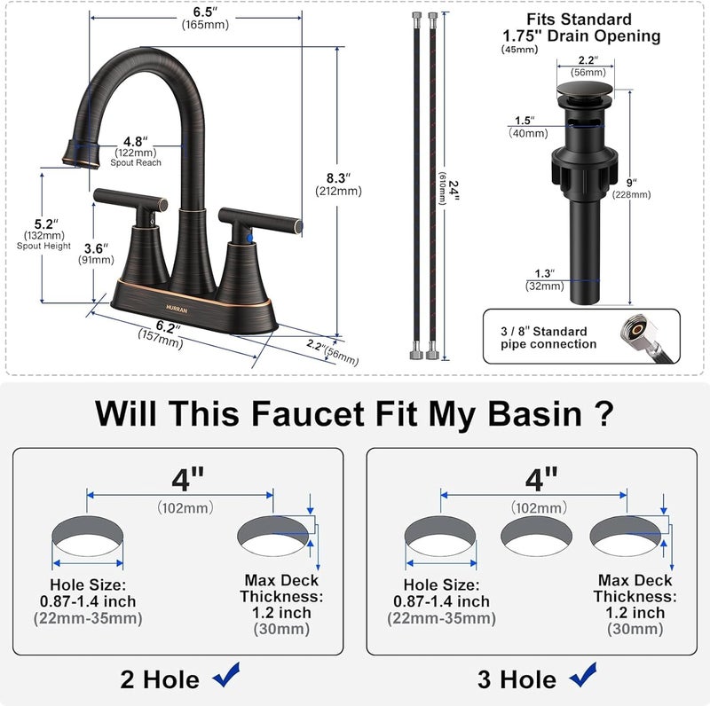 Hurran Bathroom Faucets for Sink 3 Hole, 4 inch Oil Rubbed Bronze Bathroom Sink Faucet with Pop-up Drain and Supply Hoses, Stainless Steel Lead-Free Centerset Faucets for Vanity RV, 2 Pack - Image 5